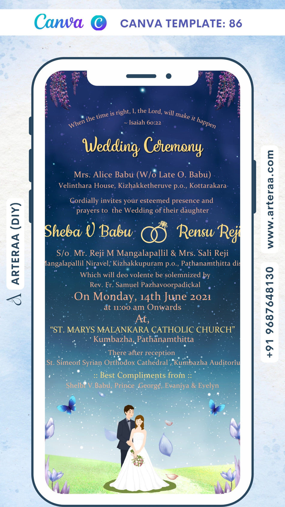 Reception Party invitation card Canva Editable Template in english language with couple doodle, fence as garden theme design 100