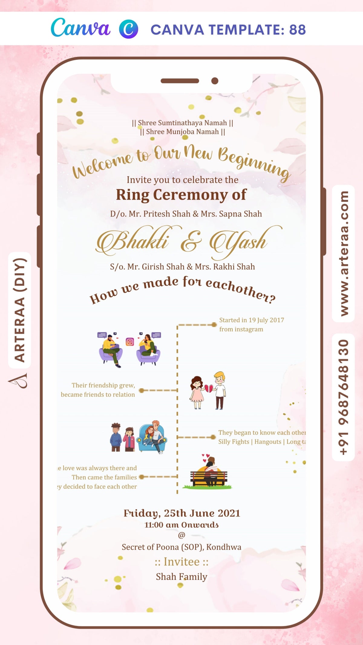 Engagement ceremony invitation card Canva Editable Template in english language with couple doodle as floral theme design 88