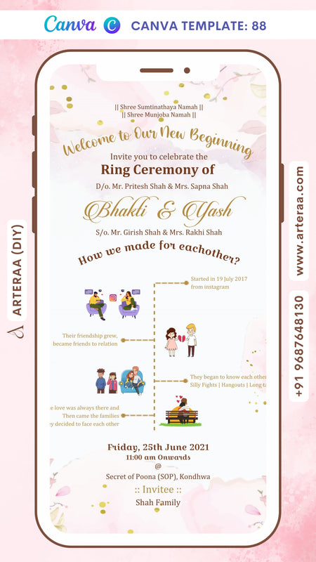 Engagement ceremony invitation card Canva Editable Template in english language with couple doodle as floral theme design 88
