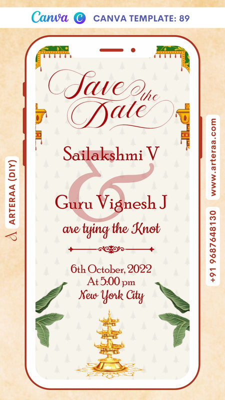 Save the Date card Canva Editable Template in english language with traditional theme design 89