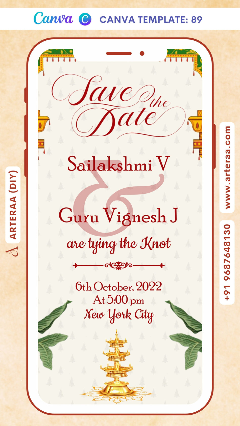 Save the Date card Canva Editable Template in english language with traditional theme design 89
