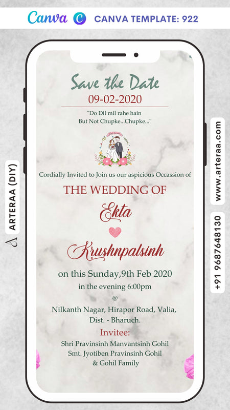 Wedding ceremony invitation card Canva Editable Template of hindu gujarati patel family in english language with Minimalistic theme design 922