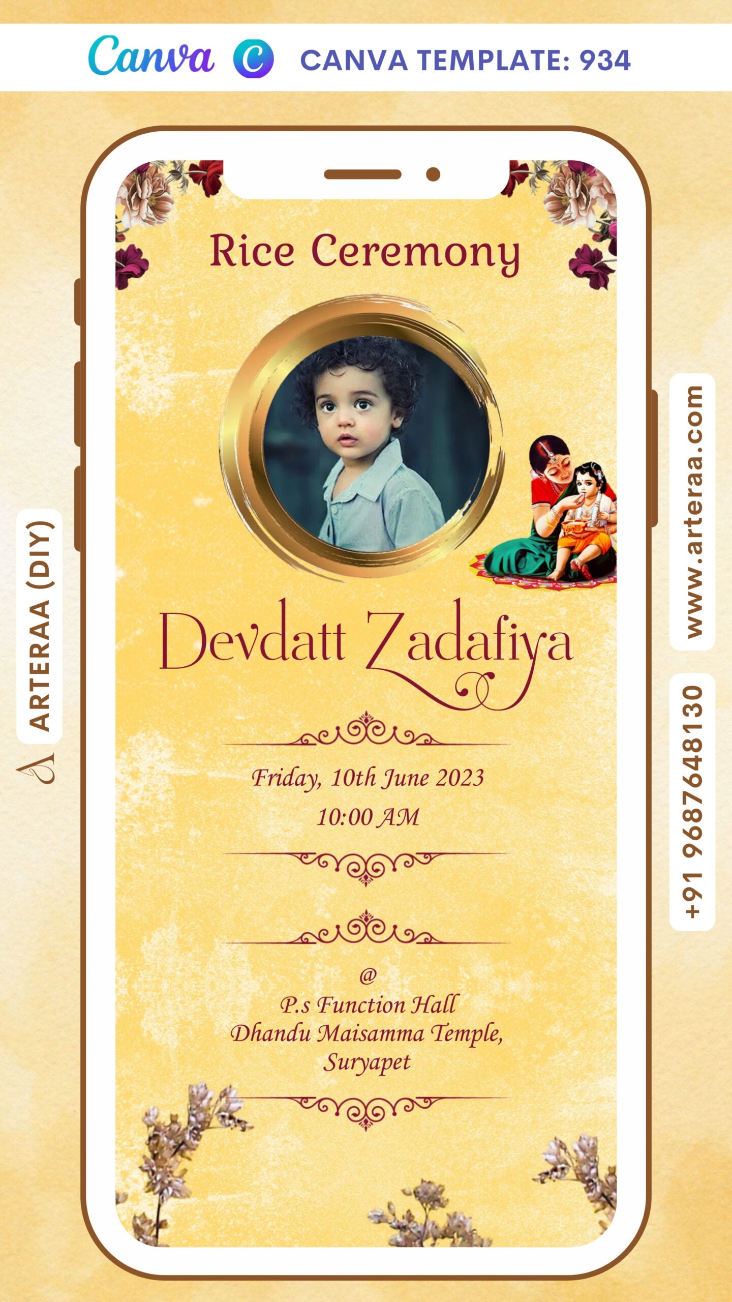 Annaprashan ceremony invitation card Canva Editable Template in english language with baby image, rice fedding doodle as minimalistic theme design 934