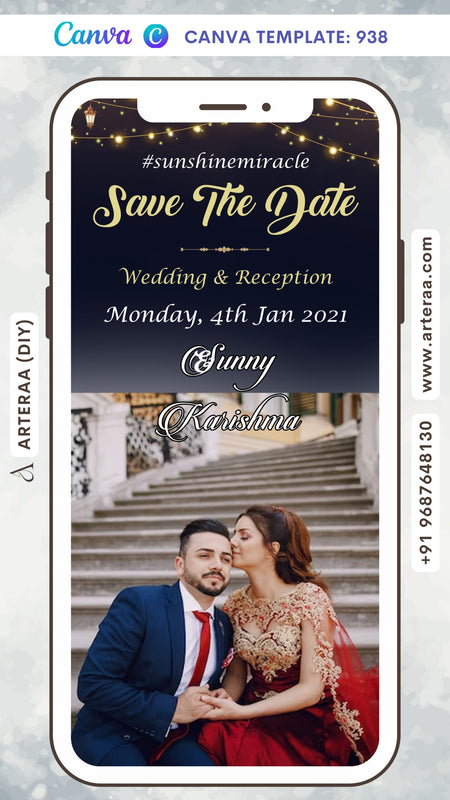 Save the Date card Canva Editable Template in english language with couple photo as night theme design 938