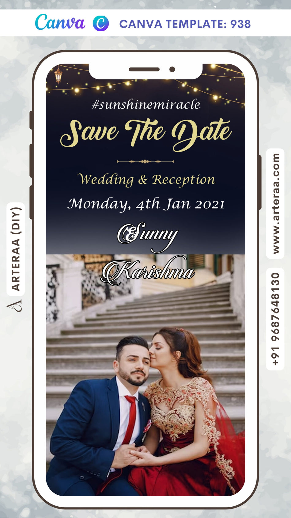 Save the Date card Canva Editable Template in english language with couple photo as night theme design 938