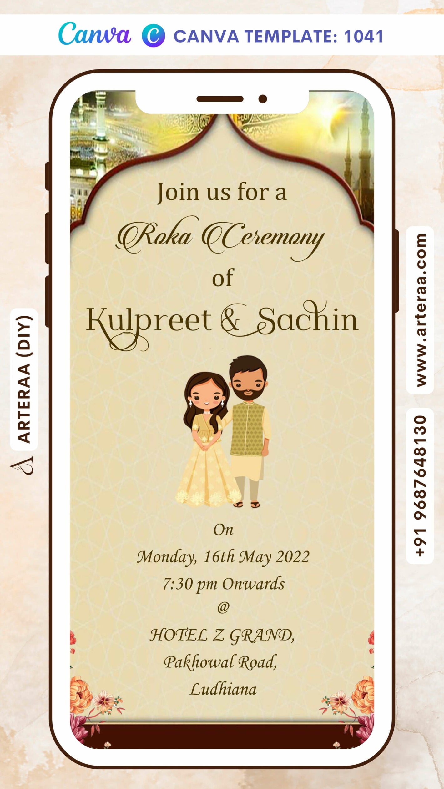 Roka ceremony invitation card Canva Editable Template in Punjabi family in english language with adorable couple doodle as arch theme design 1041