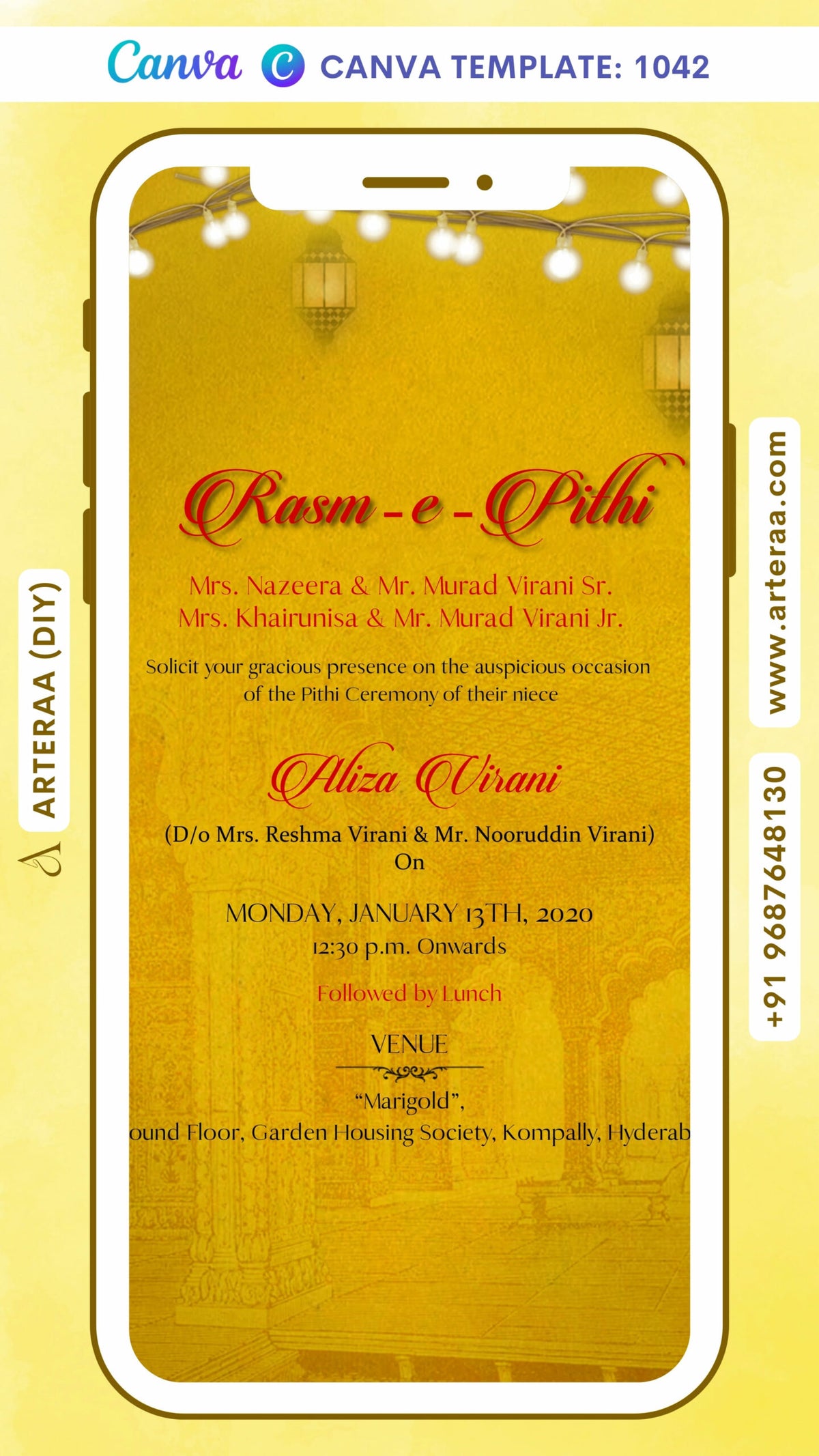 Haldi ceremony invitation card Canva Editable Template in english language with string lights as vintage theme design 1042
