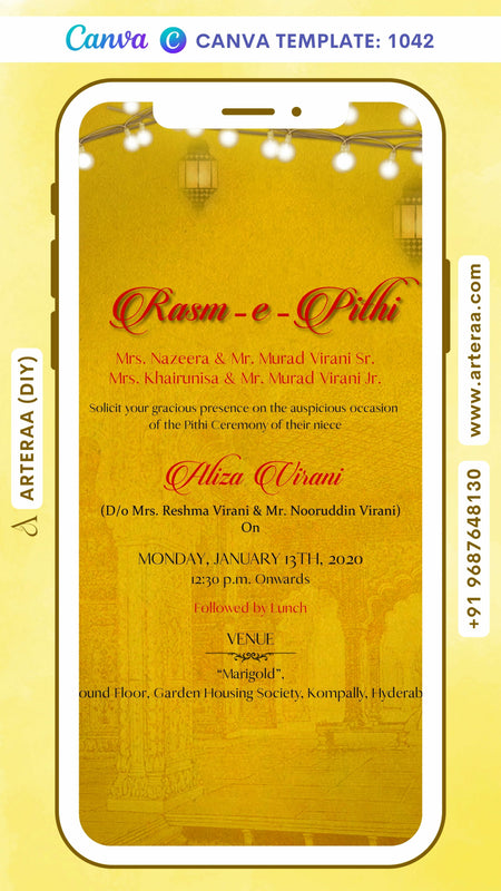 Haldi ceremony invitation card Canva Editable Template in english language with string lights as vintage theme design 1042