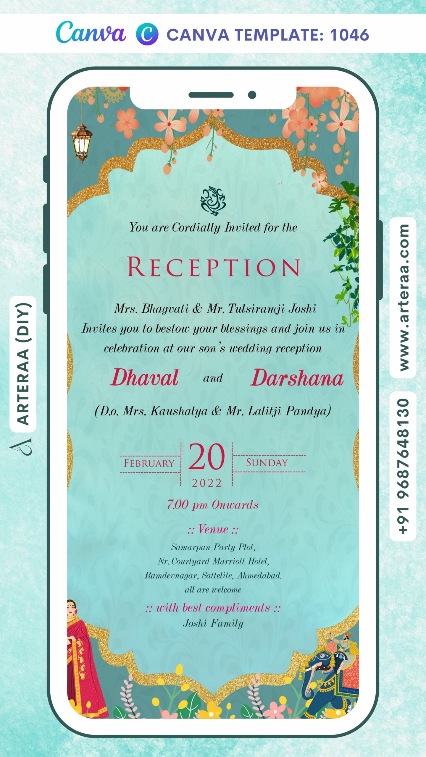 Reception Party invitation card Canva Editable Template in english language with elephant, couple doodle as traditional theme design 1046