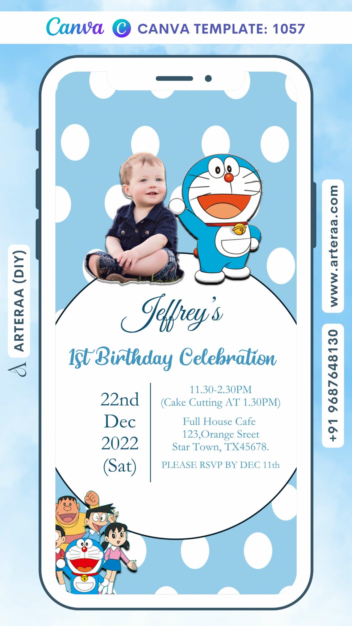 Birthday party invitation card Canva Editable Template in english language with doraemon theme design 1057