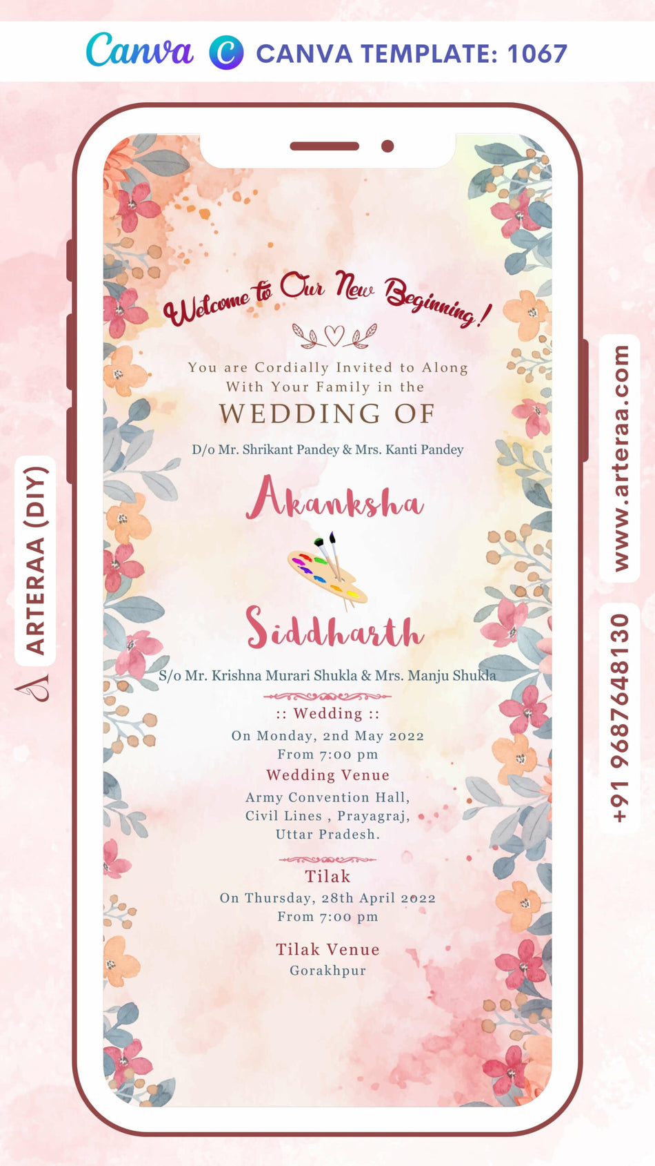 Wedding ceremony invitation card Canva Editable Template of hindu north indian bhojpuri family in english language with Artistic flowers theme design 1067