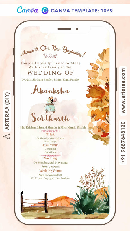 Wedding ceremony invitation card Canva Editable Template of hindu north indian bhojpuri family in english language with Garden theme design 1069