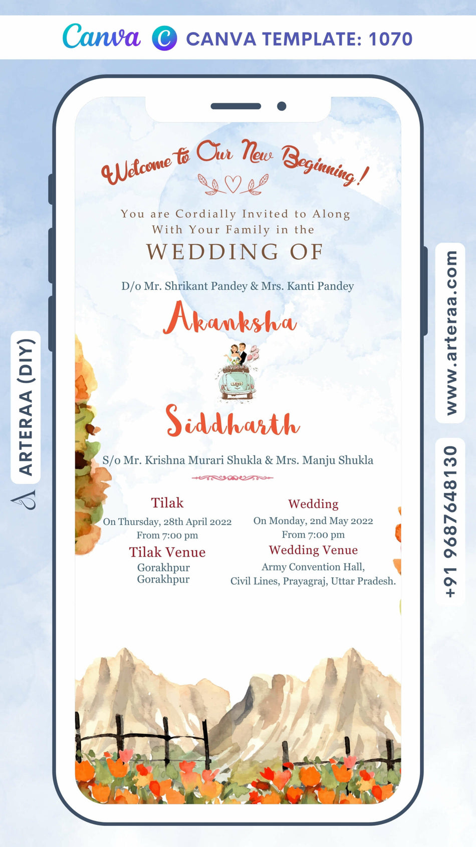 Wedding ceremony invitation card Canva Editable Template of hindu north indian bhojpuri family in english language with Mountain theme design 1070