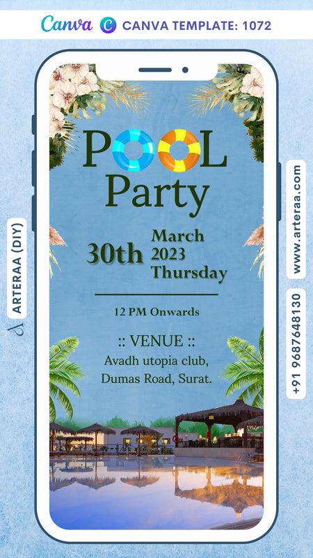 Pool Party invitation card Canva Editable Template in english language with flowers, leaves as floral theme design 1072