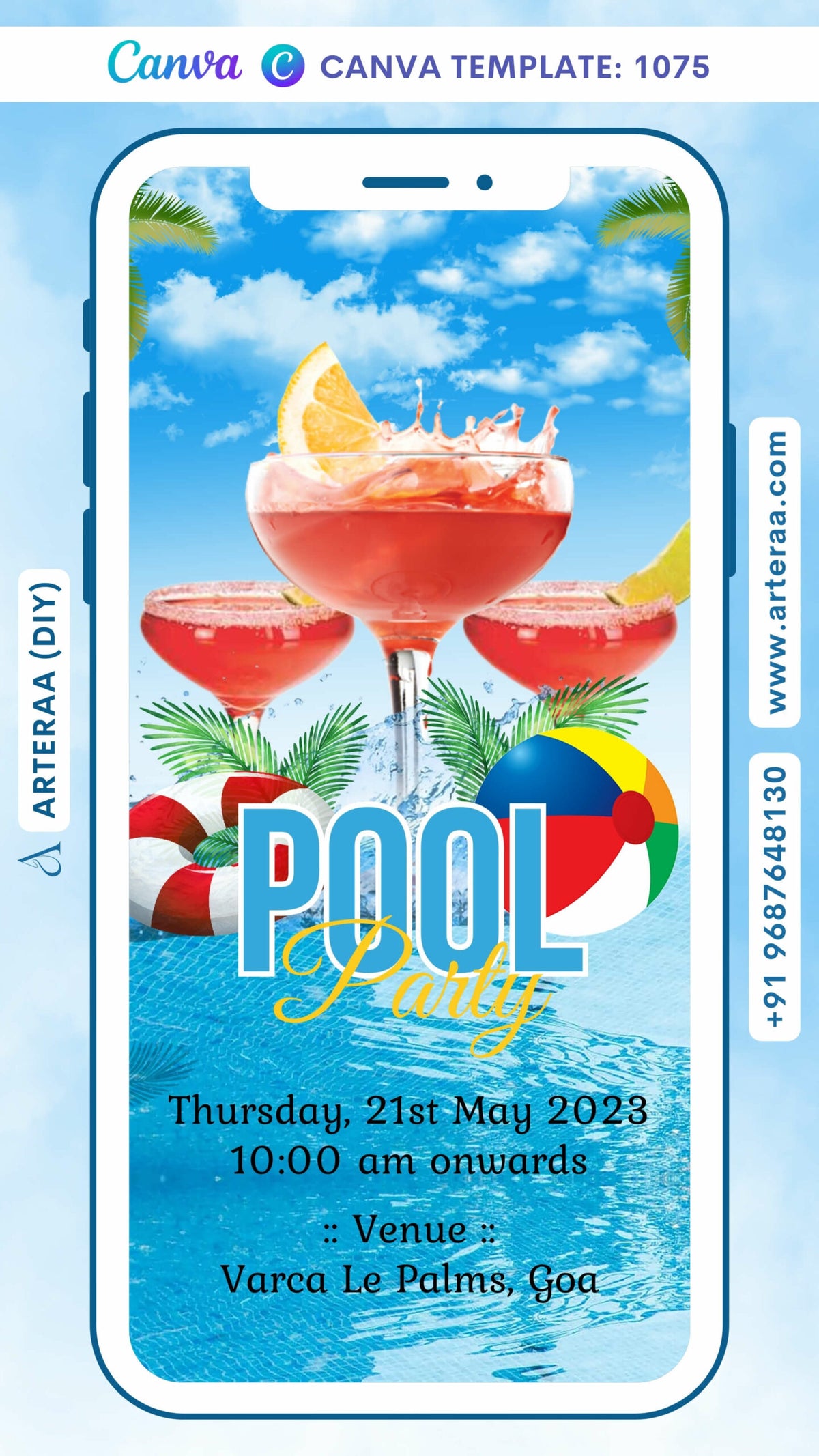 Pool Party invitation card Canva Editable Template in english language with leaves, swimming tube as elegant theme design 1075