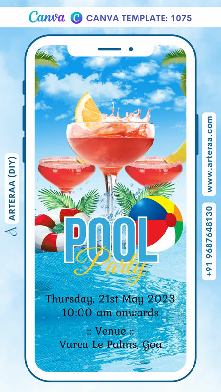 Pool Party invitation card Canva Editable Template in english language with leaves, swimming tube as elegant theme design 1075