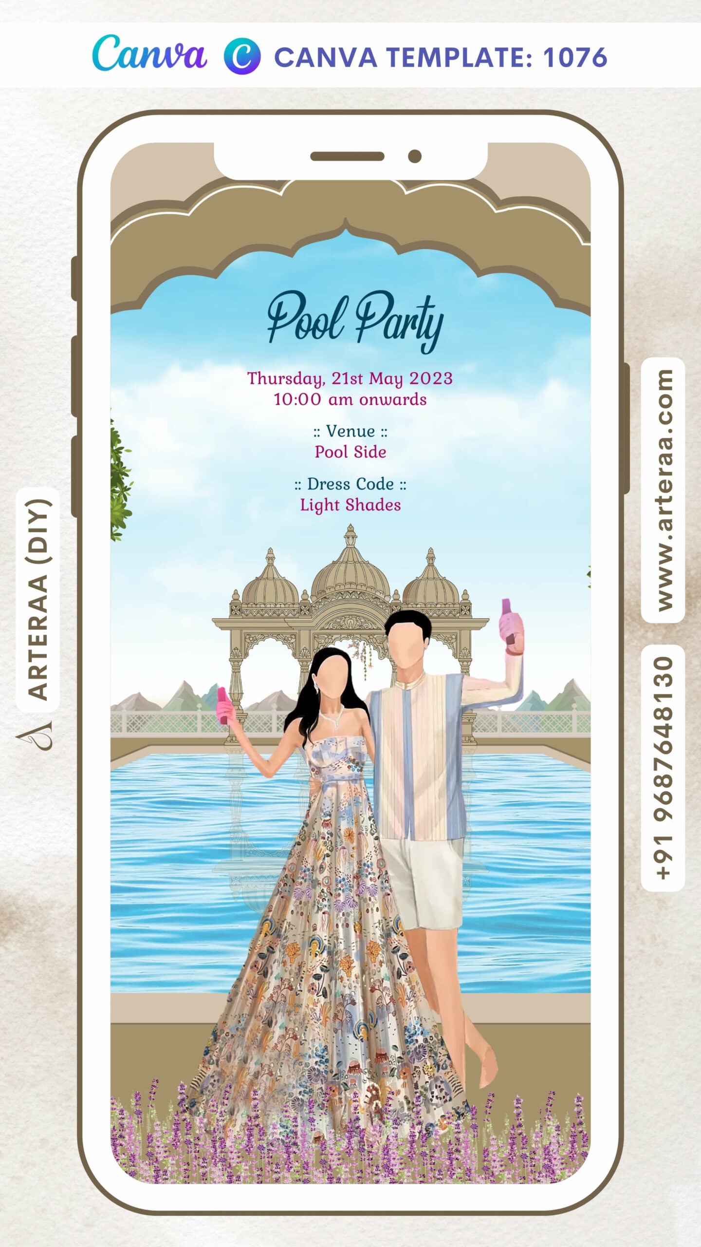 Pool Party invitation card Canva Editable Template in english language with couple doodle as arch theme design 1076
