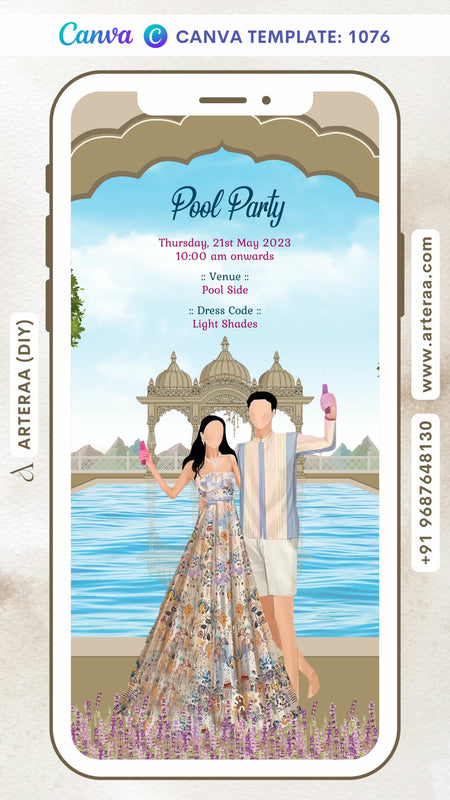 Pool Party invitation card Canva Editable Template in english language with couple doodle as arch theme design 1076