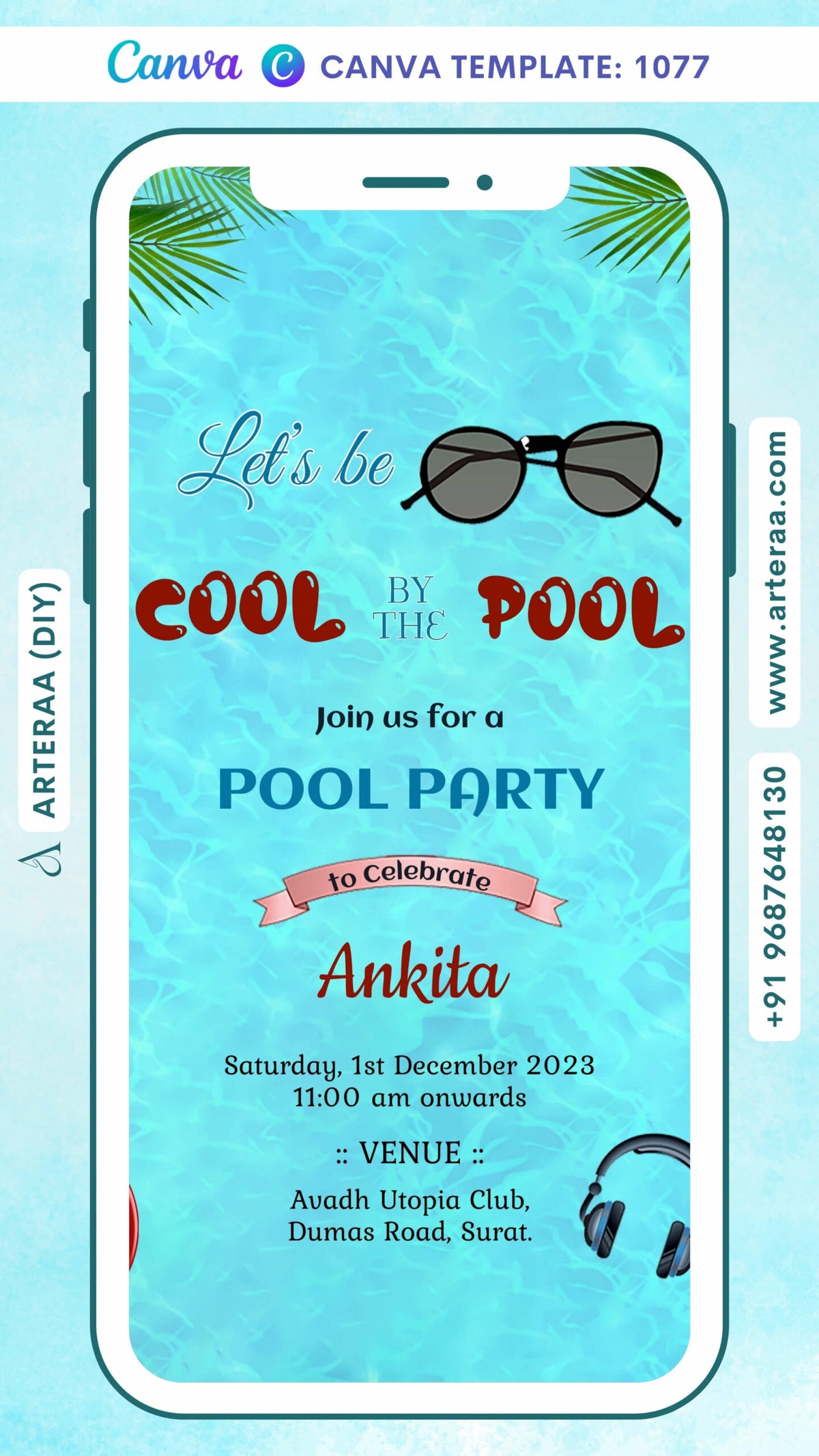 Pool Party invitation card Canva Editable Template in english language with green leaves, swimming tube as elegant theme design 1077