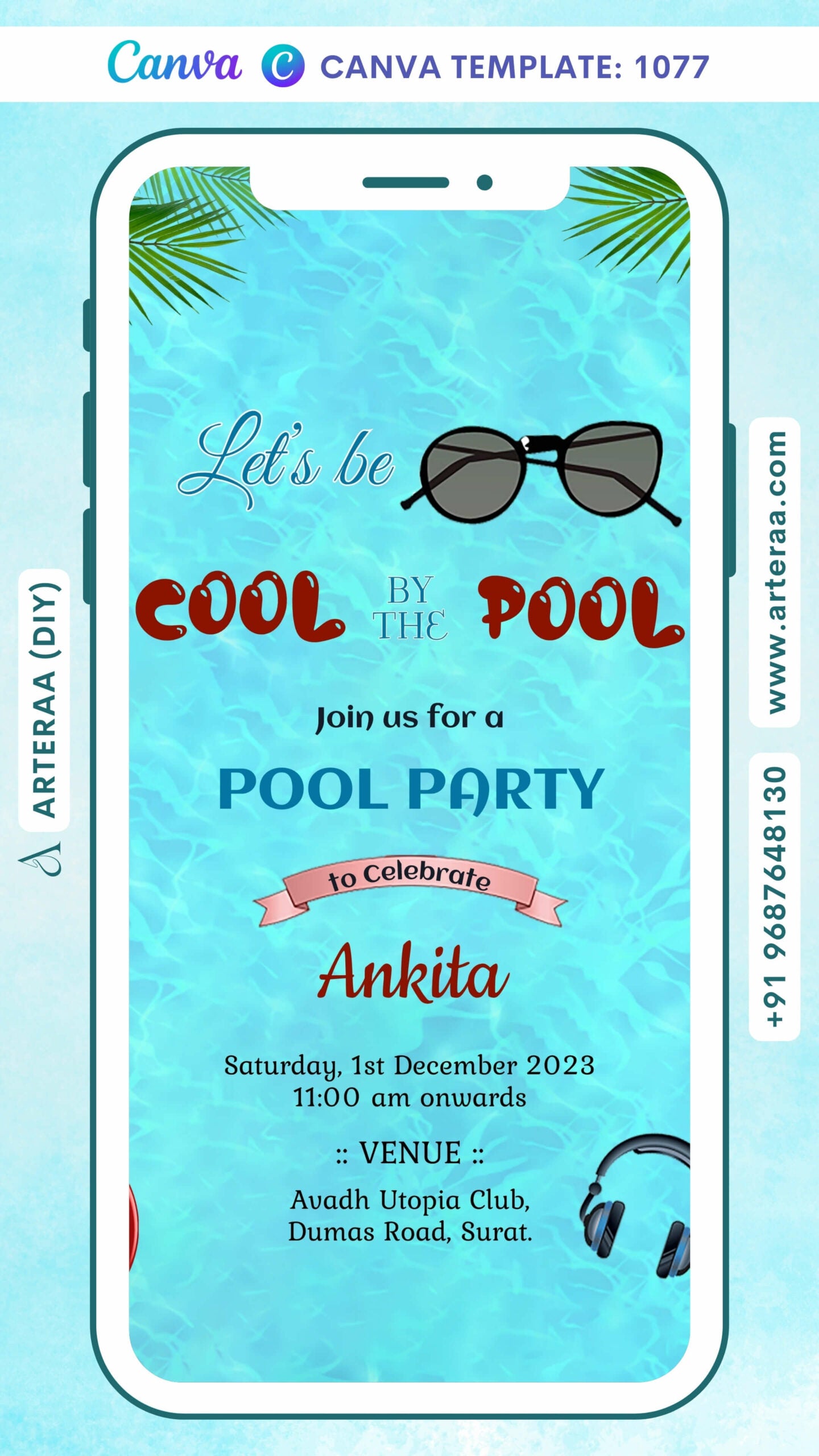 Pool Party invitation card Canva Editable Template in english language with green leaves, swimming tube as elegant theme design 1077
