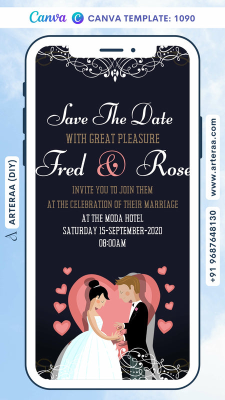 Save the Date card Canva Editable Template in english language with romantic couple doodle as minimalistic theme design 1090