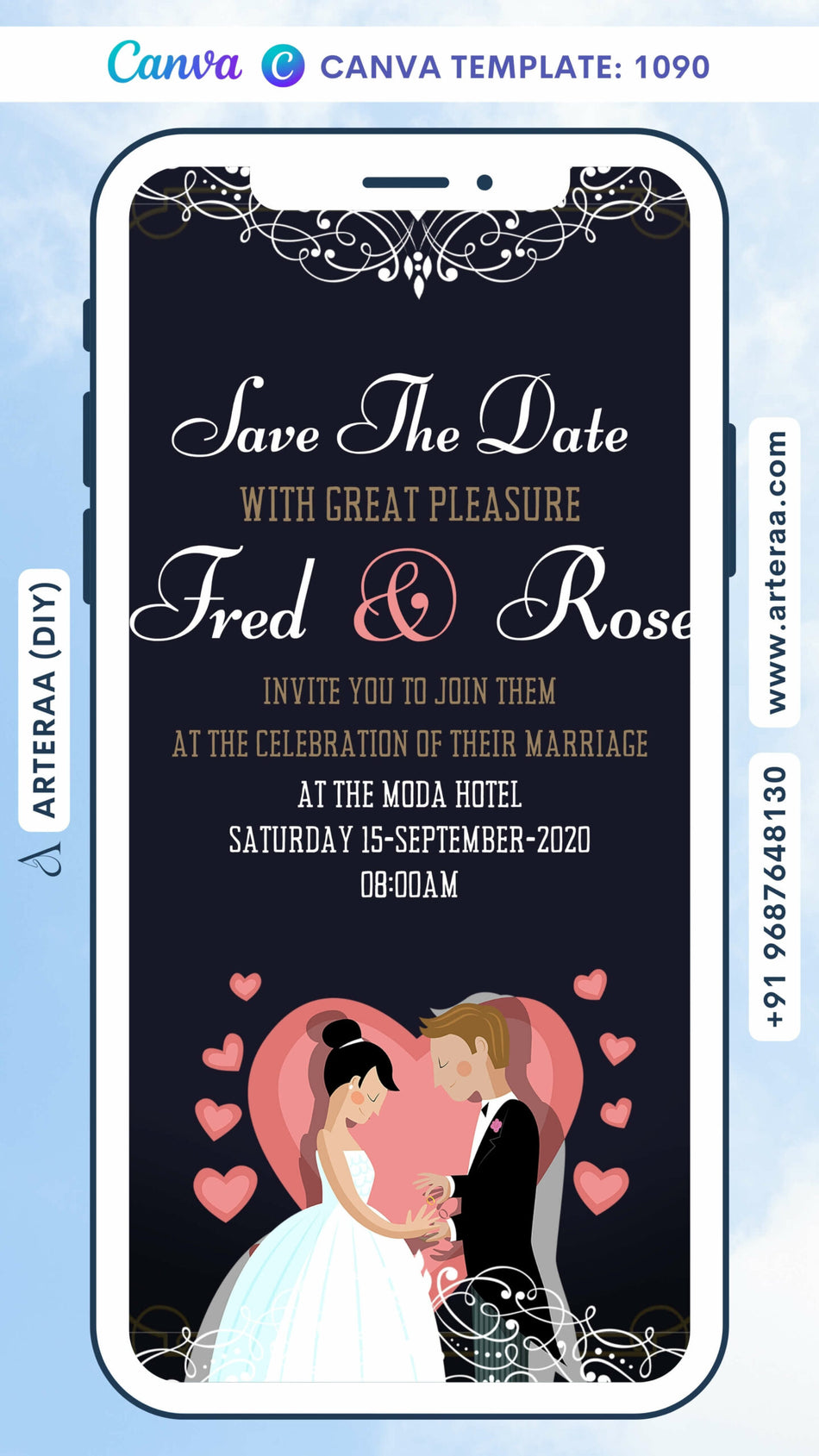 Save the Date card Canva Editable Template in english language with romantic couple doodle as minimalistic theme design 1090