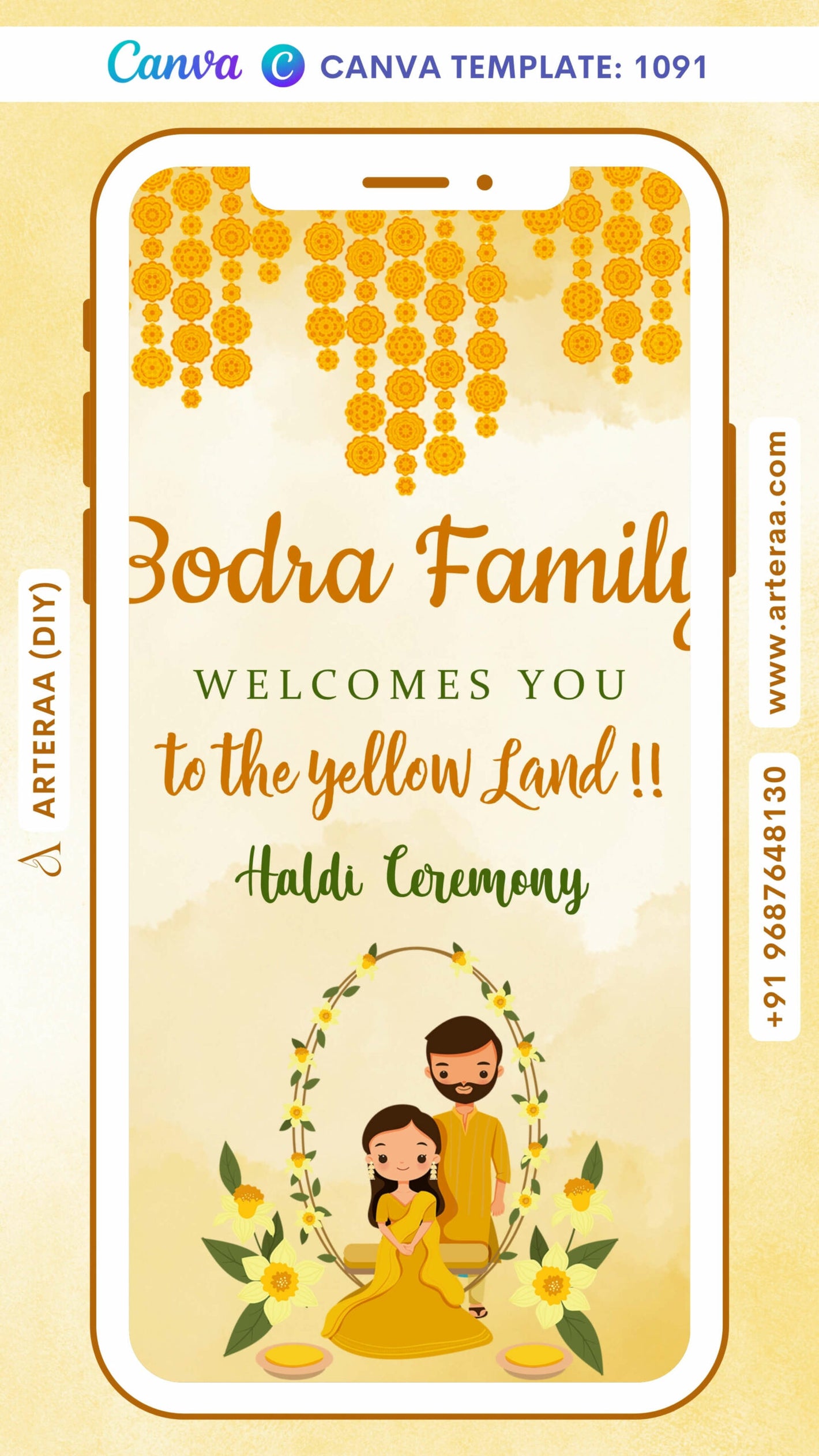 Digital Standee Invitation of Indians in English Language with Yellow Land Theme: Canva Editable Template Design No. 1091