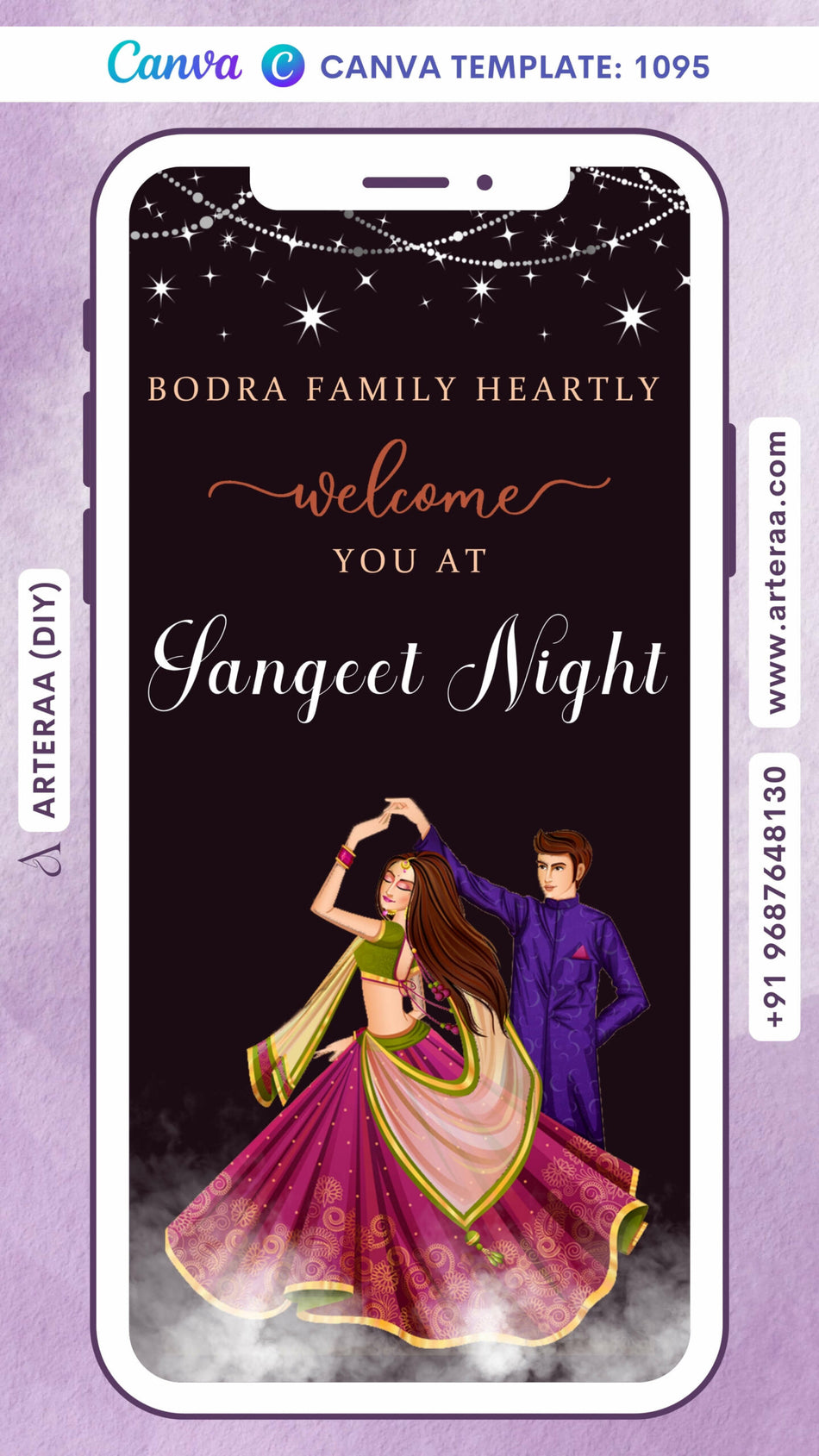 Digital Sangeet Night Invitation of Indians in English Language With Enchanting Theme Canva Editable Template Design No. 1095