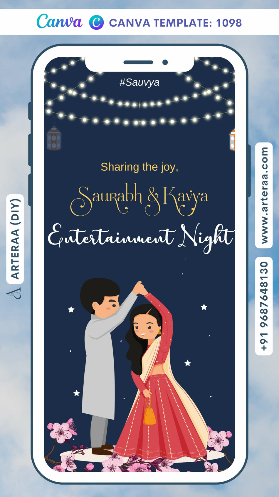 Digital Entertainment Night Invitation of Indians in English Language With Floral Theme Canva Editable Template Design No. 1098