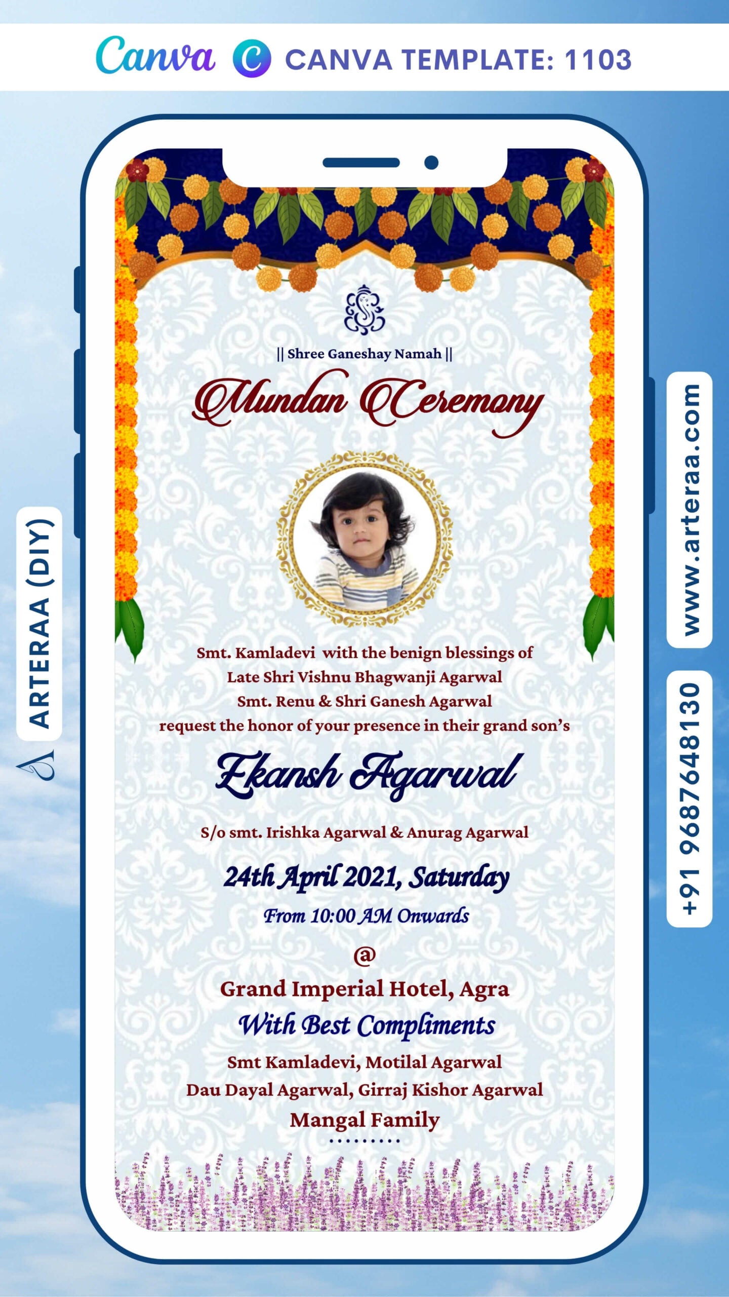 Mundan Ceremony invitation card Canva Editable Template in english language with marigold garland, flowers, a baby photo frame as traditional theme design 1103