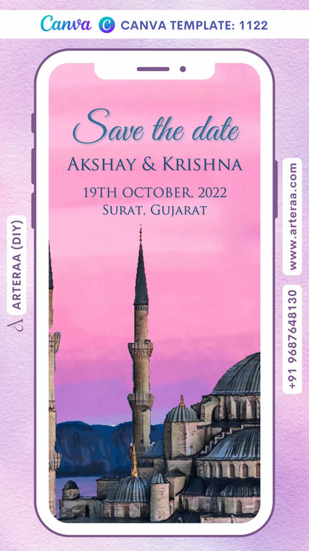 Save the Date card Canva Editable Template in english language with mosque theme design 1122