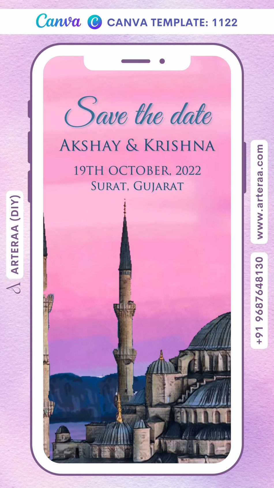 Save the Date card Canva Editable Template in english language with mosque theme design 1122