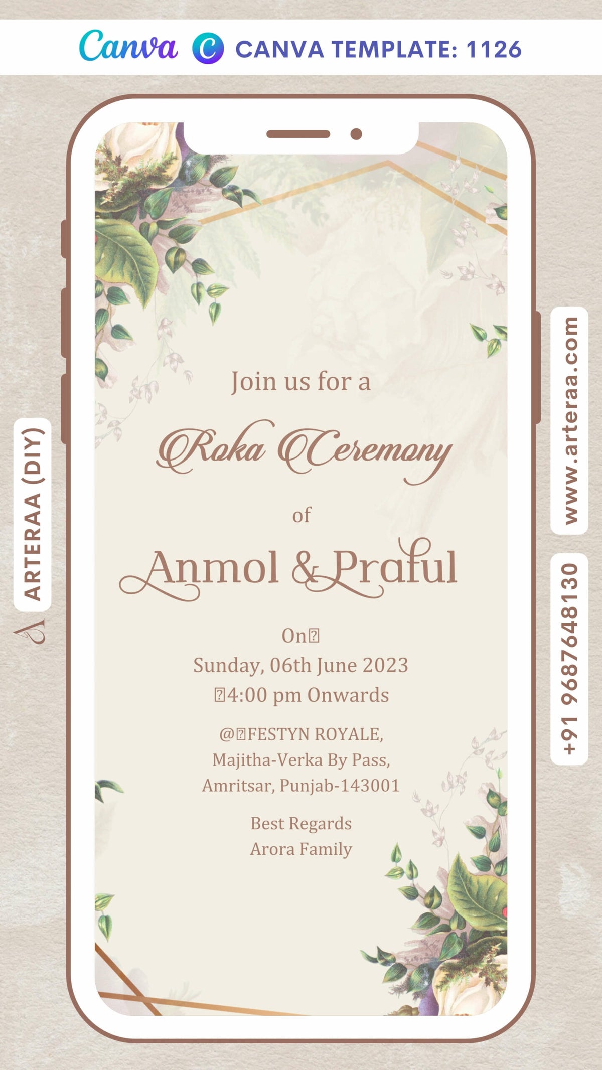 Roka ceremony invitation card Canva Editable Template for Punjabi family in english language with frame, leaves as floral theme design 1126