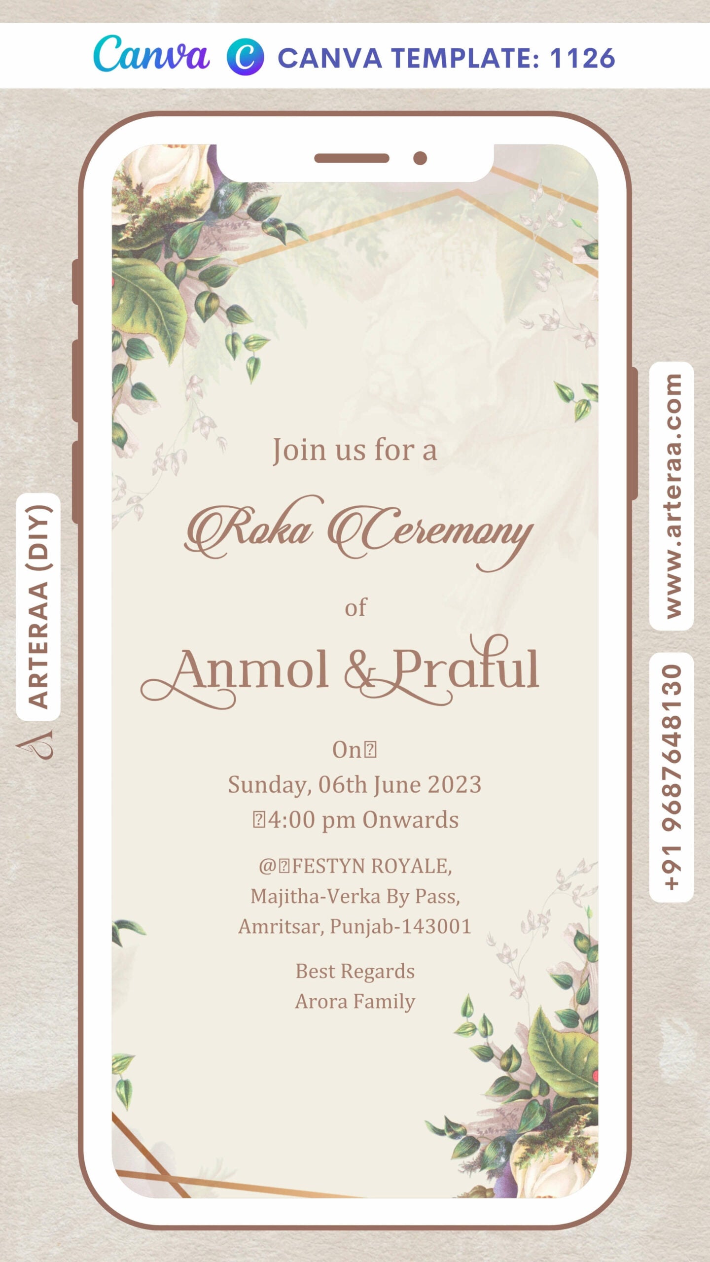 Roka ceremony invitation card Canva Editable Template for Punjabi family in english language with frame, leaves as floral theme design 1126