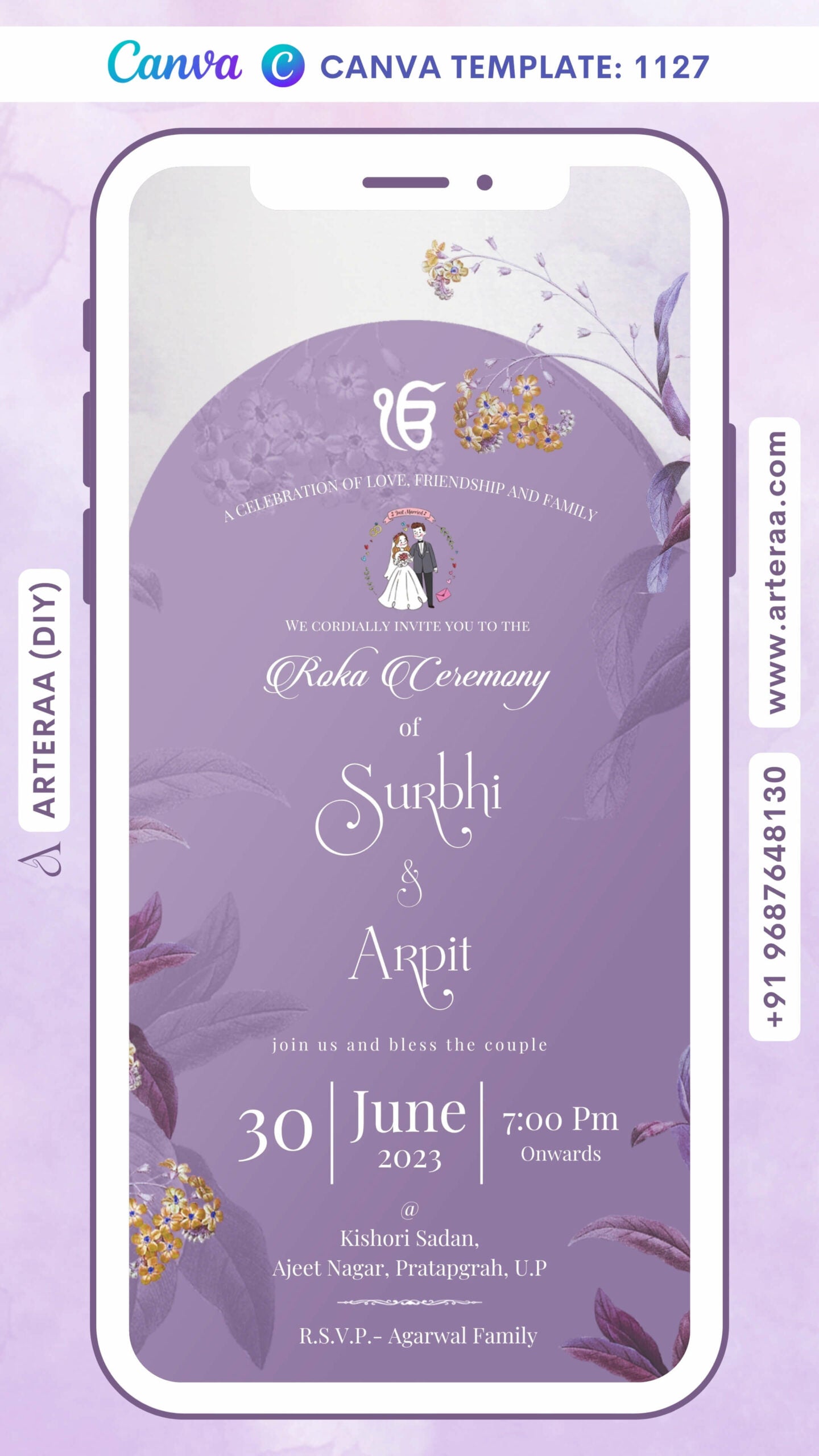 Roka ceremony invitation card Canva Editable Template for Punjabi family in english language with ek omkar logo, leaves as floral theme design 1127