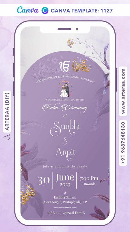 Roka ceremony invitation card Canva Editable Template for Punjabi family in english language with ek omkar logo, leaves as floral theme design 1127