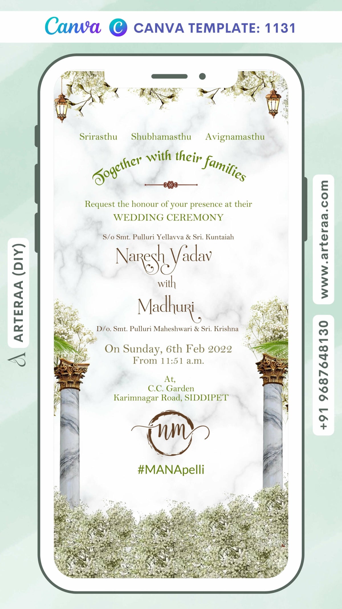 Wedding ceremony invitation card Canva Editable Template of hindu south indian telugu family in english language with floral theme design 1131