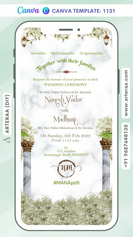 Wedding ceremony invitation card Canva Editable Template of hindu south indian telugu family in english language with floral theme design 1131