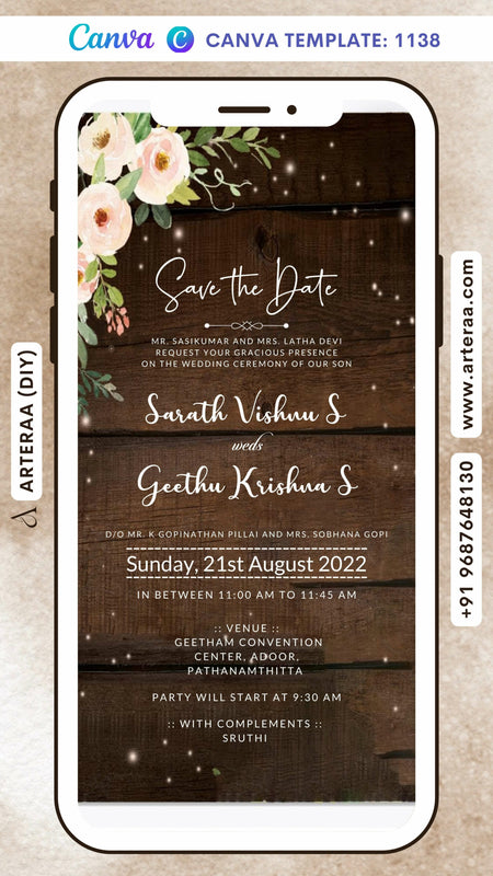 Bollywood style couple doodle invitation card Canva Editable Template for the wedding ceremony of Hindu south indian Malayali family in english language with artistic floral theme design 1138
