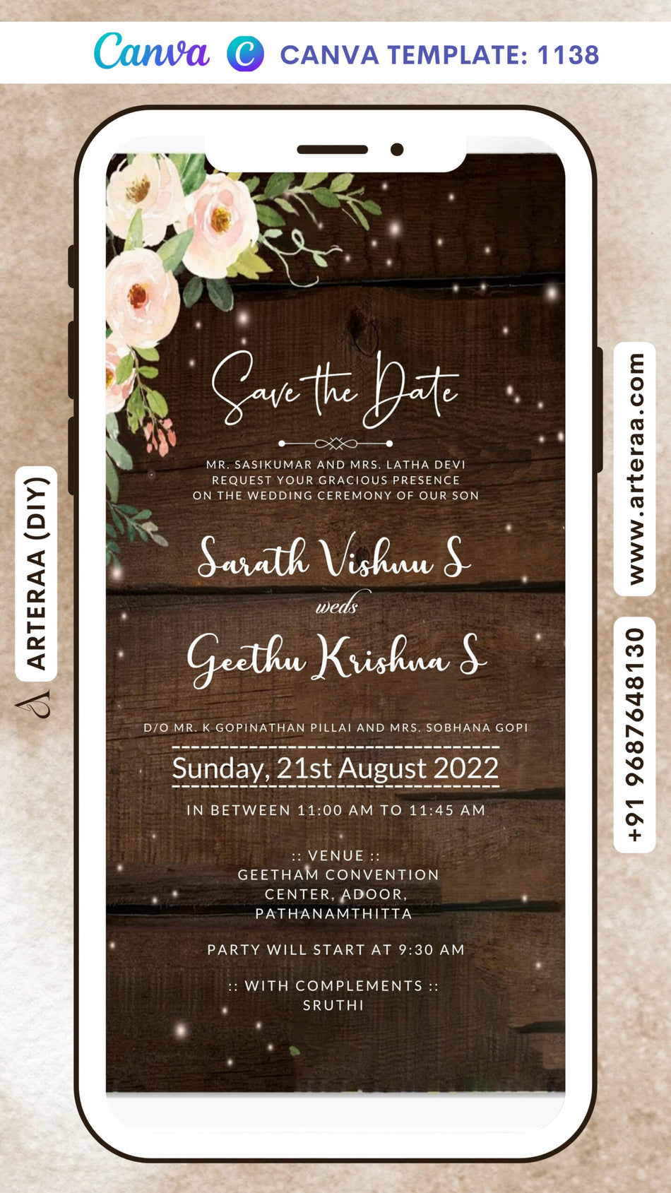 Bollywood style couple doodle invitation card Canva Editable Template for the wedding ceremony of Hindu south indian Malayali family in english language with artistic floral theme design 1138