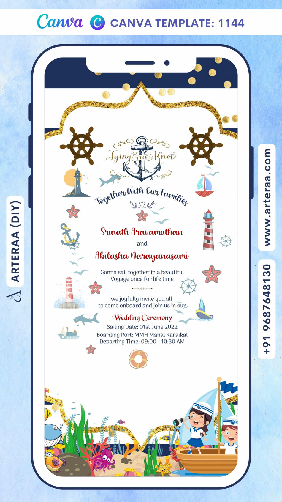 Wedding ceremony invitation card Canva Editable Template of hindu hindu south indian family in english language with Navy theme design 1144