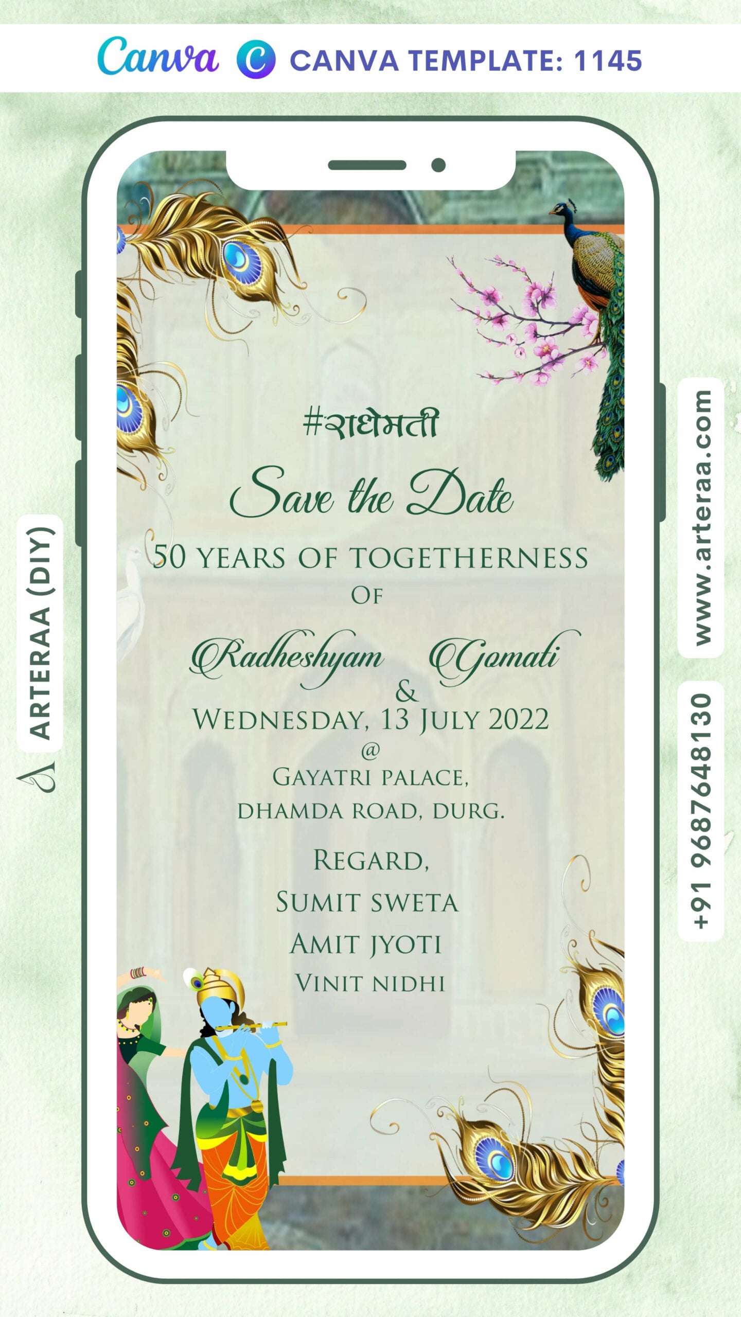 Save the Date card Canva Editable Template in english language with frame, peacock as radha krishna theme design 1145