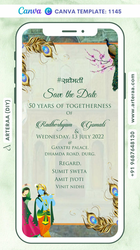 Save the Date card Canva Editable Template in english language with frame, peacock as radha krishna theme design 1145