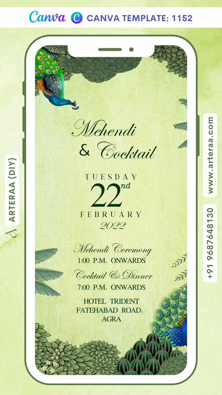 Mehendi ceremony invitation card Canva Editable Template in english language with peacock as forest theme design 1152