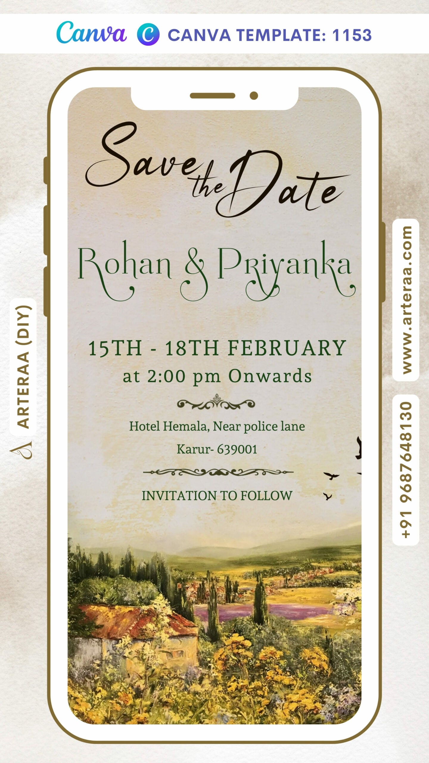 Save the Date card Canva Editable Template in english language with birds as nature theme design 1153