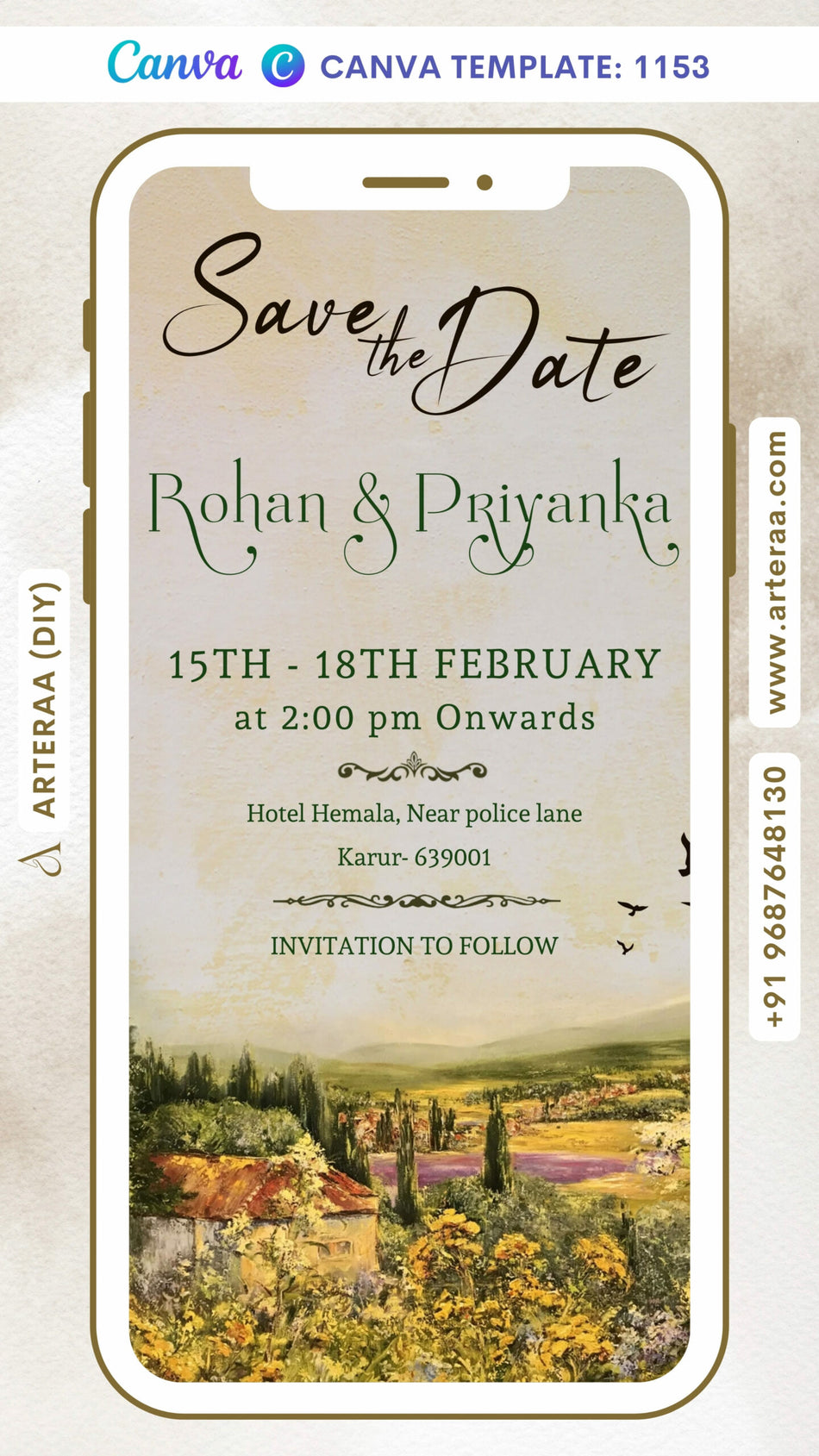 Save the Date card Canva Editable Template in english language with birds as nature theme design 1153