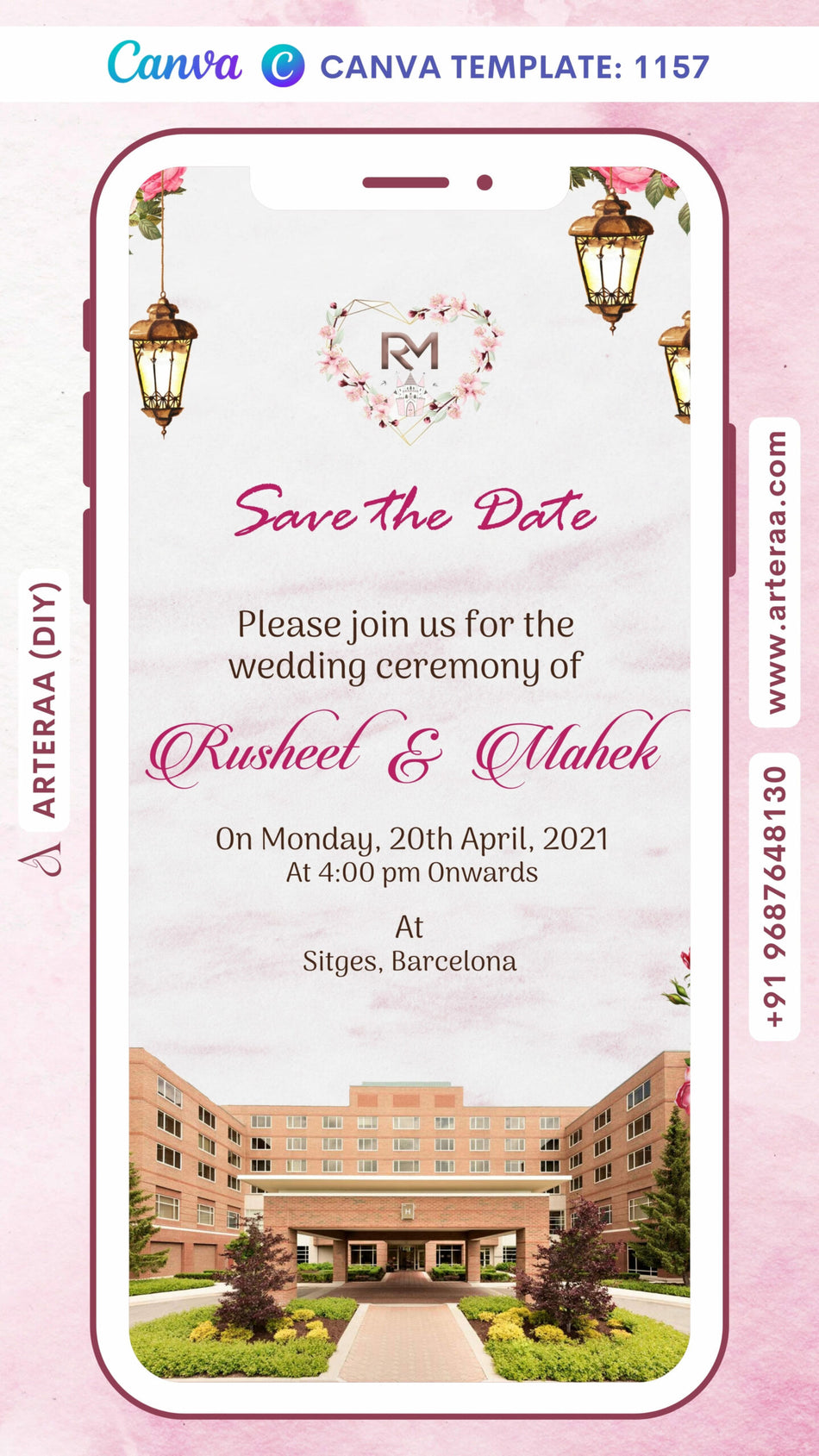 Wedding ceremony invitation card Canva Editable Template of hindu modern family in english language with Palace theme design 1157