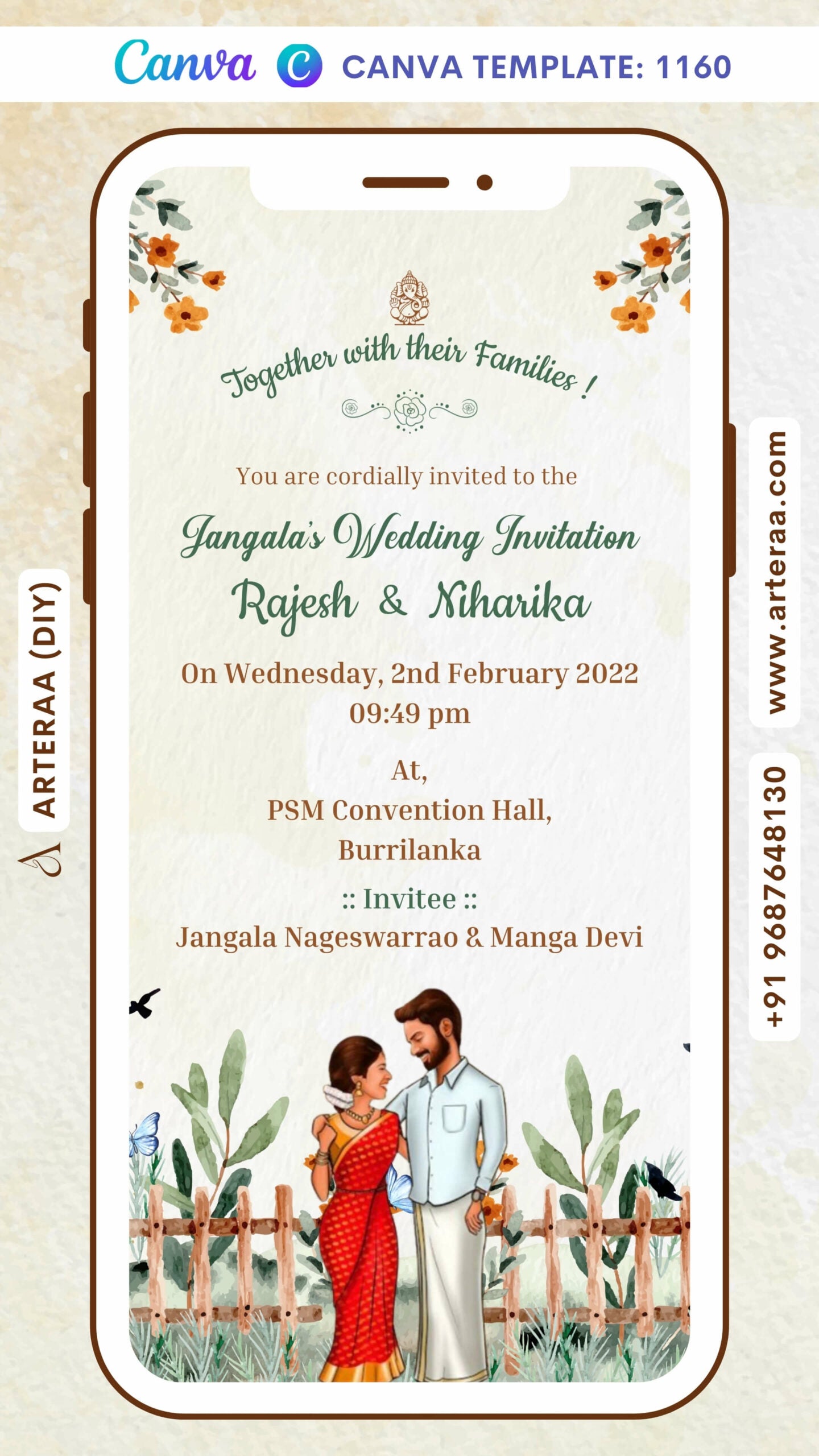 Bollywood Style couple doodle invitation card Canva Editable Template for the wedding ceremony of Hindu south indian telugu family in english language with garden theme design 1160