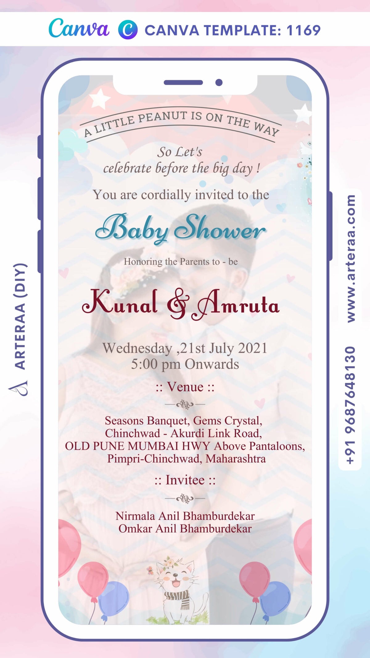 Baby Shower ceremony invitation card Canva Editable Template in english language with star, balloon, cloth, baby toy, cat as couple photo theme design 1169