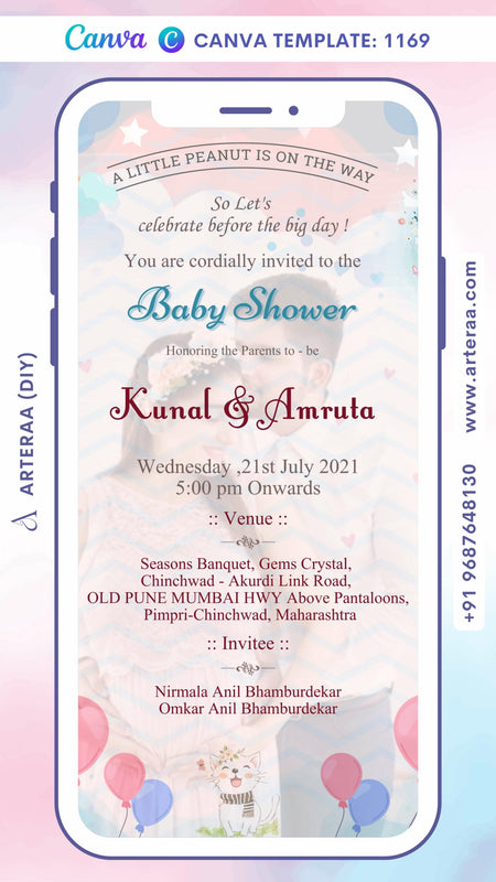 Baby Shower ceremony invitation card Canva Editable Template in english language with star, balloon, cloth, baby toy, cat as couple photo theme design 1169